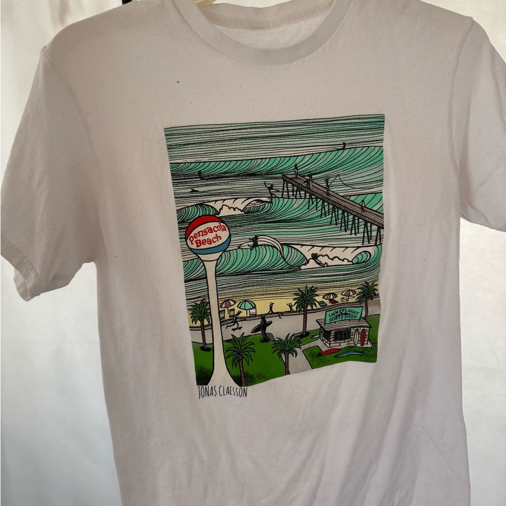 Pensacola Beach Graphic Tee by Jonas Claesson - White with Teal & Green Print